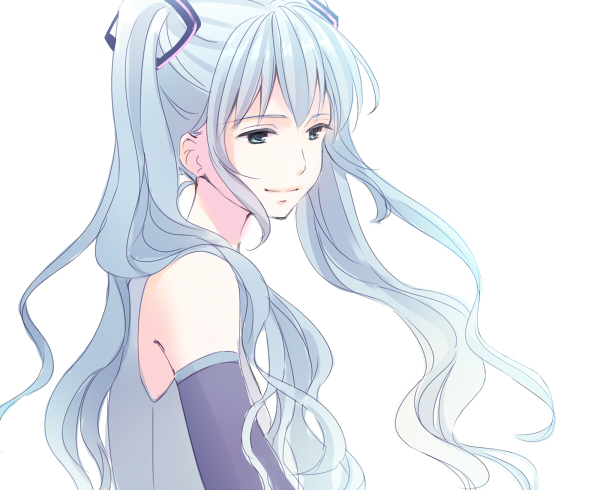 1girl blue_eyes blue_hair detached_sleeves eyebrows_visible_through_hair floating_hair fujino_iro hatsune_miku long_hair looking_away simple_background sleeveless smile solo_focus standing twintails upper_body white_background