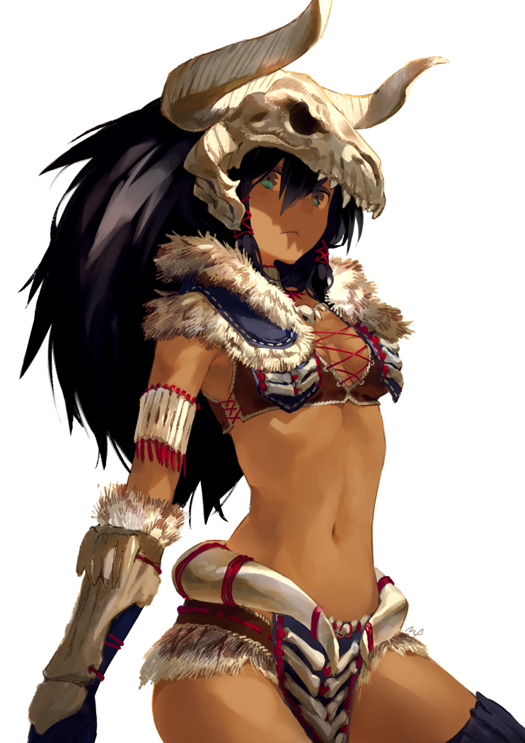 1girl armband bikini_bottom bikini_top black_gloves black_hair black_legwear closed_mouth commentary_request dark_skin dober_(armor) fur_trim gauntlets gloves green_eyes hair_between_eyes horned_headwear long_hair maeya_susumu monster_hunter monster_hunter:_world navel skull_helmet solo