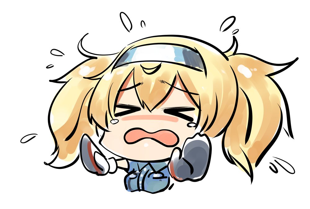 &gt;_&lt; blonde_hair blue_shirt blush chibi collared_shirt commentary_request crying d: flying_sweatdrops gambier_bay_(kantai_collection) gloves hairband kantai_collection lolicept open_mouth shirt simple_background tears twintails white_background white_gloves wing_collar