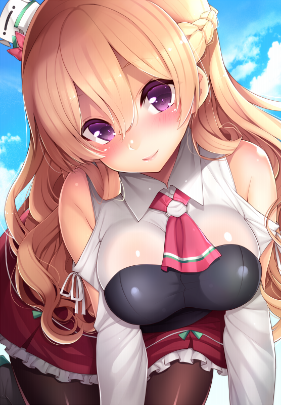 1girl ascot bare_shoulders black_legwear blonde_hair blue_sky blush braid breasts clouds cloudy_sky corset detached_sleeves french_braid hat kantai_collection large_breasts leaning_forward long_hair long_sleeves looking_at_viewer mini_hat miniskirt pantyhose red_skirt see-through skirt sky smile solo violet_eyes wavy_hair xayux zara_(kantai_collection)