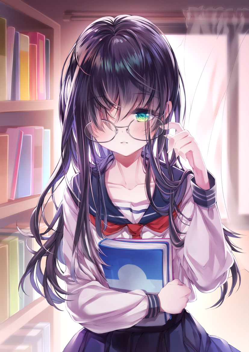 1girl black_hair book book_hug commentary_request curtains eyebrows_visible_through_hair glasses green_eyes hair_between_eyes hair_over_one_eye holding holding_book indoors long_hair long_sleeves looking_at_viewer neckerchief original pleated_skirt school_uniform serafuku shiny shiny_hair skirt soen solo sunlight upper_body window