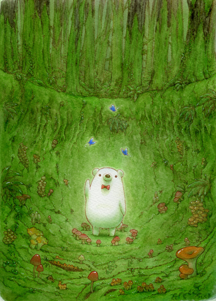 artist_name bear bow bowtie bug butterfly forest full_body insect mushroom nature original outdoors polar_bear solo st.kuma standing traditional_media tree watercolor_(medium)