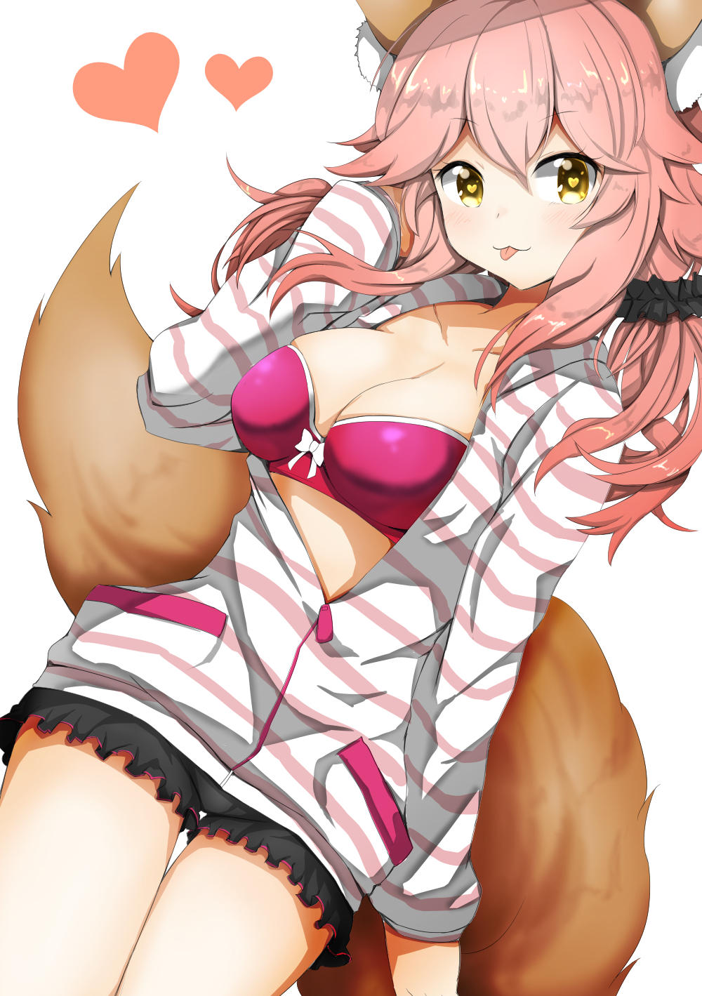 1girl :3 animal_ears blush bra breasts cleavage collarbone fate/grand_order fate_(series) fox_ears fox_tail hand_in_hair heart heart-shaped_pupils highres large_breasts long_hair looking_at_viewer luluhavinera open_clothes open_shirt pink_bra pink_hair shirt simple_background solo striped striped_shirt symbol-shaped_pupils tail tamamo_(fate)_(all) tamamo_no_mae_(fate) tongue tongue_out underwear white_background yellow_eyes