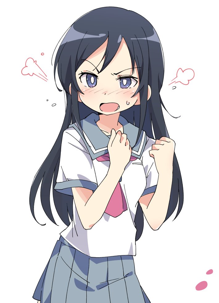 1girl aragaki_ayase black_hair blue_eyes blue_skirt blush collarbone eyebrows_visible_through_hair flustered flying_sweatdrops hands_on_own_chest head_steam ixy long_hair looking_back necktie open_mouth ore_no_imouto_ga_konna_ni_kawaii_wake_ga_nai pleated_skirt school_uniform serafuku short_sleeves skirt solo standing steam sweatdrop