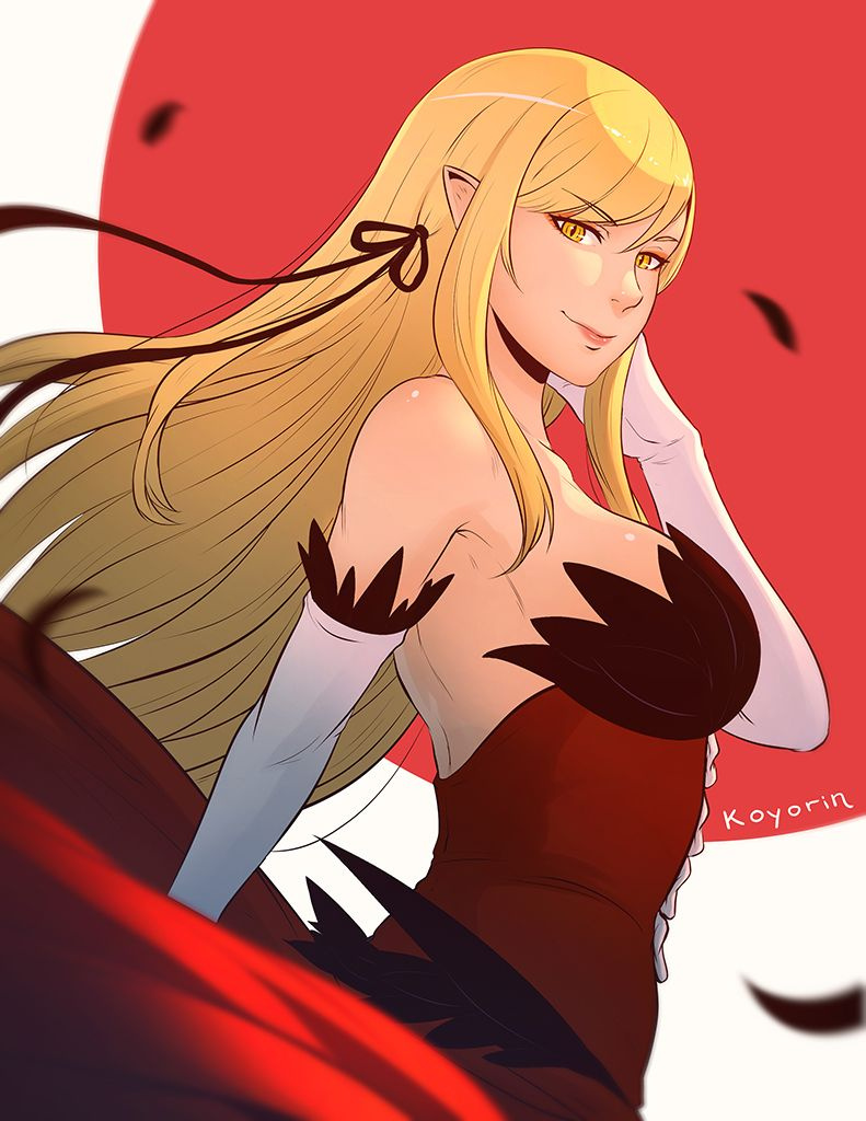 1girl armpits bare_shoulders black_ribbon blonde_hair breasts dress elbow_gloves feather_trim feathers from_side gloves hair_ribbon hair_tucking kiss-shot_acerola-orion_heart-under-blade long_hair monogatari_(series) pointy_ears red_dress ribbon sideboob skirt skirt_lift smile strapless strapless_dress vampire very_long_hair yellow_eyes