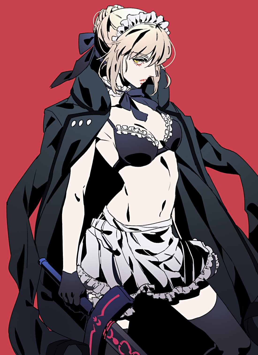 1girl apron artoria_pendragon_(all) bikini black_bikini black_gloves black_legwear black_neckwear black_ribbon blonde_hair braid breasts closed_mouth coat commentary_request contrapposto dark_excalibur detached_collar fate/grand_order fate_(series) frilled_bikini frills gloves hair_bun highres holding holding_sword holding_weapon jacket_on_shoulders legs_apart looking_at_viewer maid_apron maid_bikini medium_breasts navel neck_ribbon red_background ribbon saber_alter simple_background solo standing swimsuit sword tenobe thigh-highs waist_apron weapon yellow_eyes