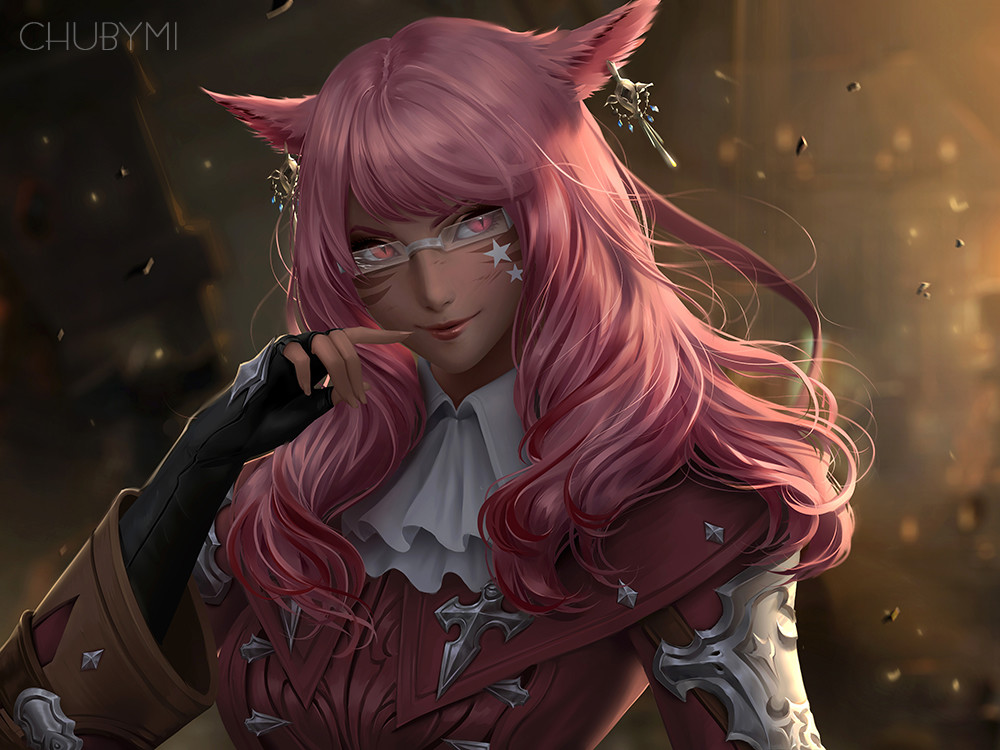 1girl animal_ears artist_name blurry blurry_background cat_ears chuby_mi earrings facial_mark final_fantasy final_fantasy_xiv fingerless_gloves gloves jewelry lips long_hair looking_at_viewer miqo'te pink_eyes pink_hair portrait realistic rimless_eyewear slit_pupils smile solo