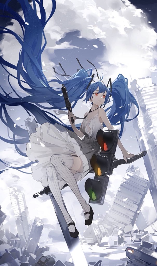 1girl arm_support bangs bare_shoulders black_footwear black_neckwear black_ribbon blue_hair building closed_mouth clouds dress eyebrows_visible_through_hair finger_on_trigger floating_hair full_body garter_straps girls_frontline grey_dress gun holding holding_gun holding_weapon lamppost long_hair looking_away mary_janes necktie nine_(liuyuhao1992) no_bra ribbon shipka_(girls_frontline) shoes sidelocks sitting solo striped striped_legwear thigh-highs thighs traffic_light twintails very_long_hair weapon white_legwear wind wind_lift
