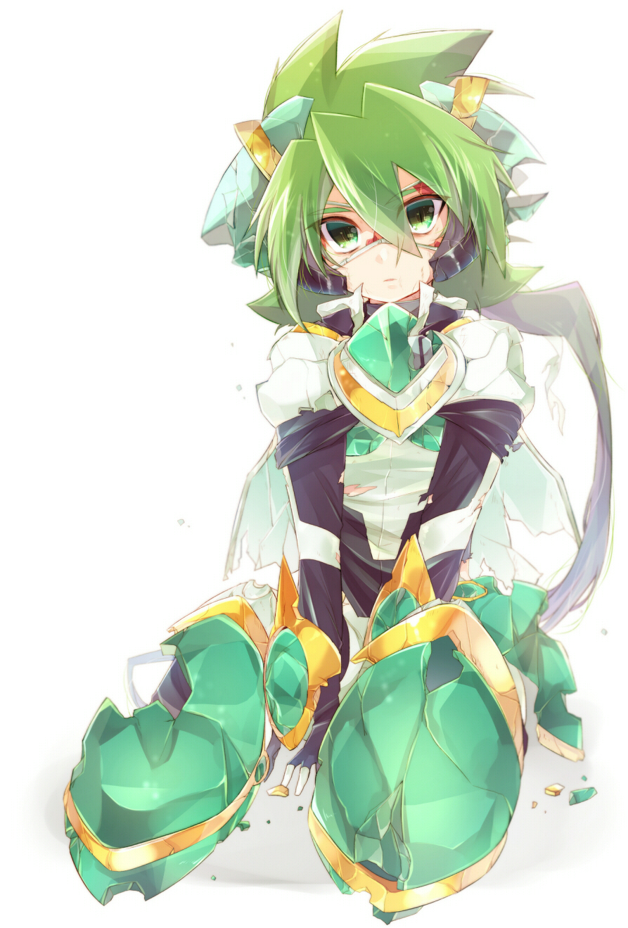 1boy :o armor black_gloves broken_armor dirty fingerless_gloves gloves green_eyes green_hair green_shirt highres long_sleeves looking_at_viewer on_ground rento_(rukeai) saikyou_ginga_ultimate_zero_~battle_spirits~ shirt simple_background sitting solo spiky_hair torn_clothes white_background zero_the_hurricane