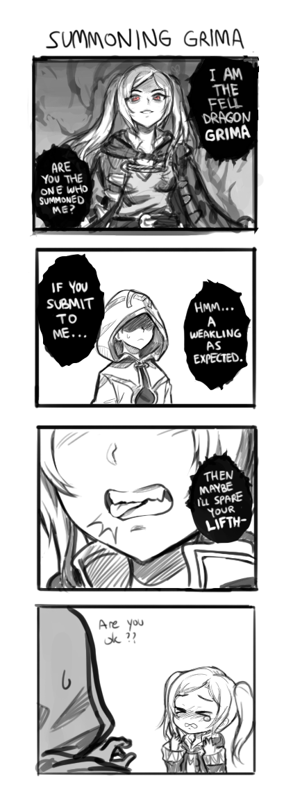 1boy 1girl 4koma athenawyrm biting cape comic dark_persona evil_smile female_my_unit_(fire_emblem:_kakusei) fire_emblem fire_emblem:_kakusei fire_emblem_heroes gimurei gloves hood long_hair looking_at_viewer my_unit_(fire_emblem:_kakusei) red_eyes robe short_hair smile summoner_(fire_emblem_heroes) tears twintails white_hair