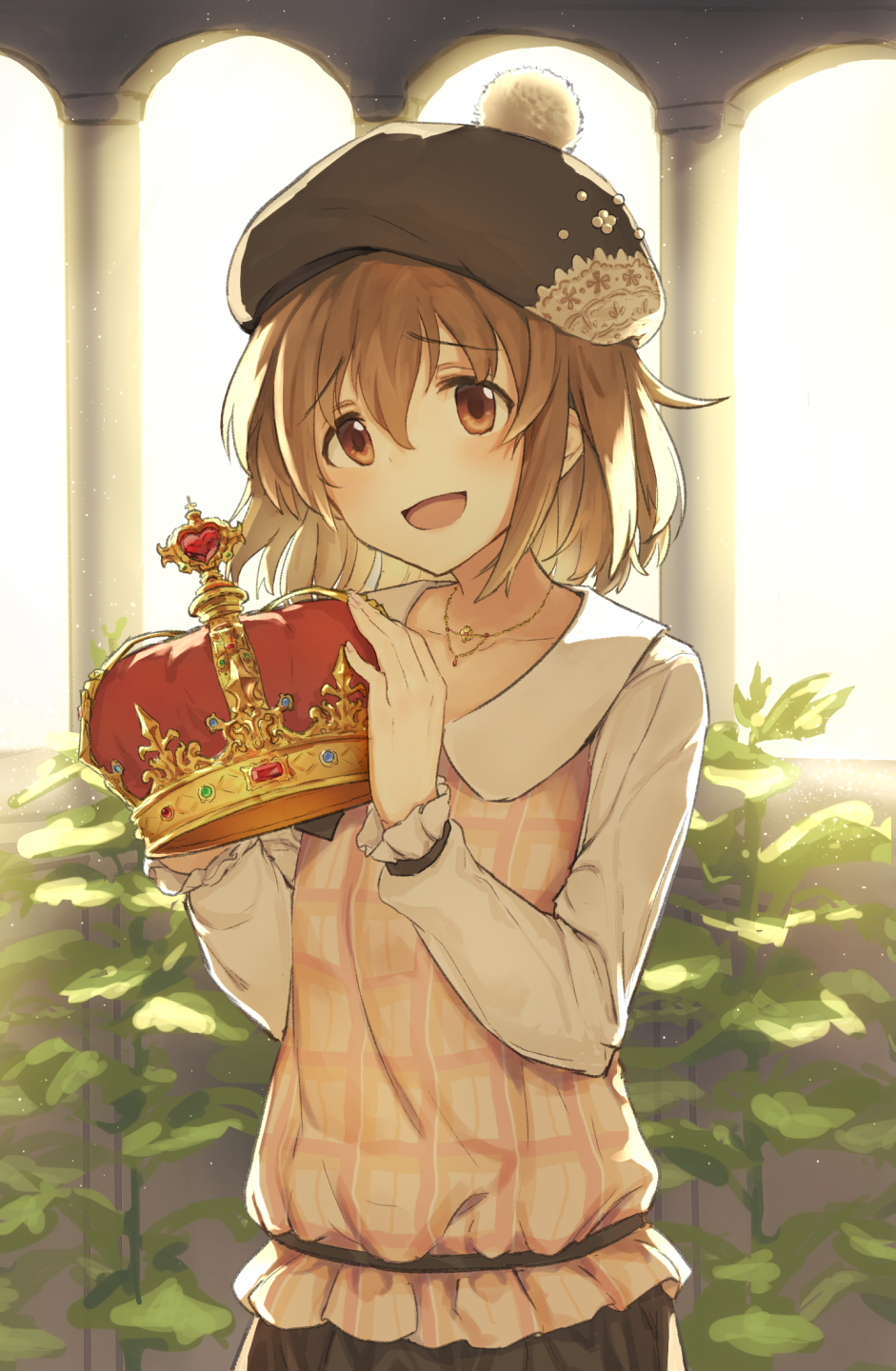 1girl backlighting beret bionekojita blouse brown_eyes brown_hair collarbone column commentary_request crown eyebrows_visible_through_hair gem hat heart highres holding_crown idolmaster idolmaster_cinderella_girls jewelry kita_hinako light_blush long_sleeves looking_at_viewer necklace open_mouth pillar plant pom_pom_(clothes) short_hair smile solo