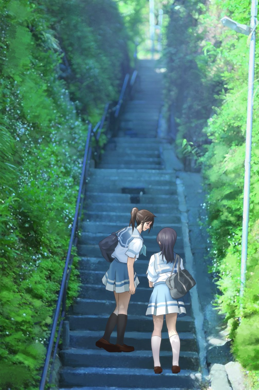 2girls bag black_hair black_legwear brown_hair hibike!_euphonium highres kasaki_nozomi kneehighs lamppost liz_to_aoi_tori long_hair multiple_girls ponytail school_bag school_uniform serafuku shiruko_sand stairs tree white_legwear yoroizuka_mizore