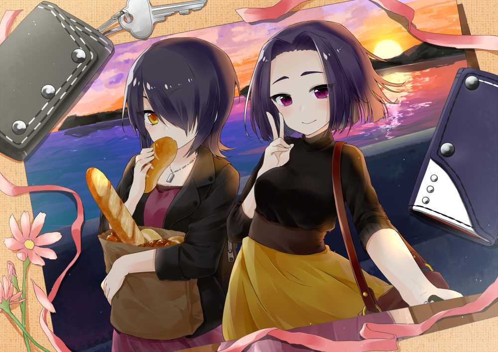 2girls alternate_costume baguette blush bread breasts closed_mouth eating evening eyebrows_visible_through_hair food hair_over_one_eye jewelry kantai_collection large_breasts looking_at_viewer multiple_girls necklace photo_(object) purple_hair shioya_thor smile sweater tatsuta_(kantai_collection) tenryuu_(kantai_collection) twilight v violet_eyes yellow_eyes