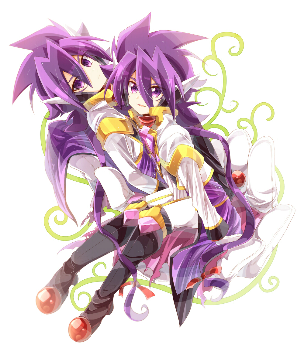 black_footwear boots bow cape dual_persona empty_eyes gloves long_sleeves looking_at_viewer open_mouth purple_cape purple_hair red_bow rento_(rukeai) saikyou_ginga_ultimate_zero_~battle_spirits~ smile spiky_hair violet_eyes white_background white_coat white_gloves zero_the_flash