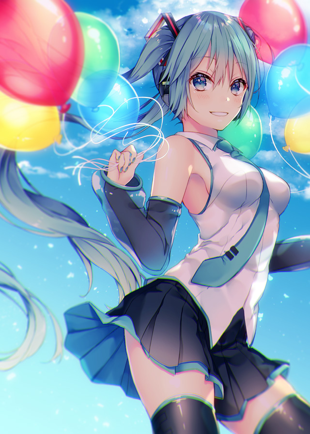 1girl :d balloon bangs bare_shoulders between_breasts black_legwear black_skirt blue_eyes blue_sky blush breasts clouds commentary_request day detached_sleeves eyebrows_visible_through_hair fingernails green_hair green_nails green_neckwear hair_between_eyes hair_ornament hatsune_miku headphones holding holding_balloon long_sleeves looking_at_viewer medium_breasts nail_polish necktie necktie_between_breasts open_mouth outdoors pleated_skirt see-through shiomizu_(swat) shirt sidelocks skirt sky sleeveless sleeveless_shirt sleeves_past_wrists smile solo thigh-highs vocaloid white_shirt