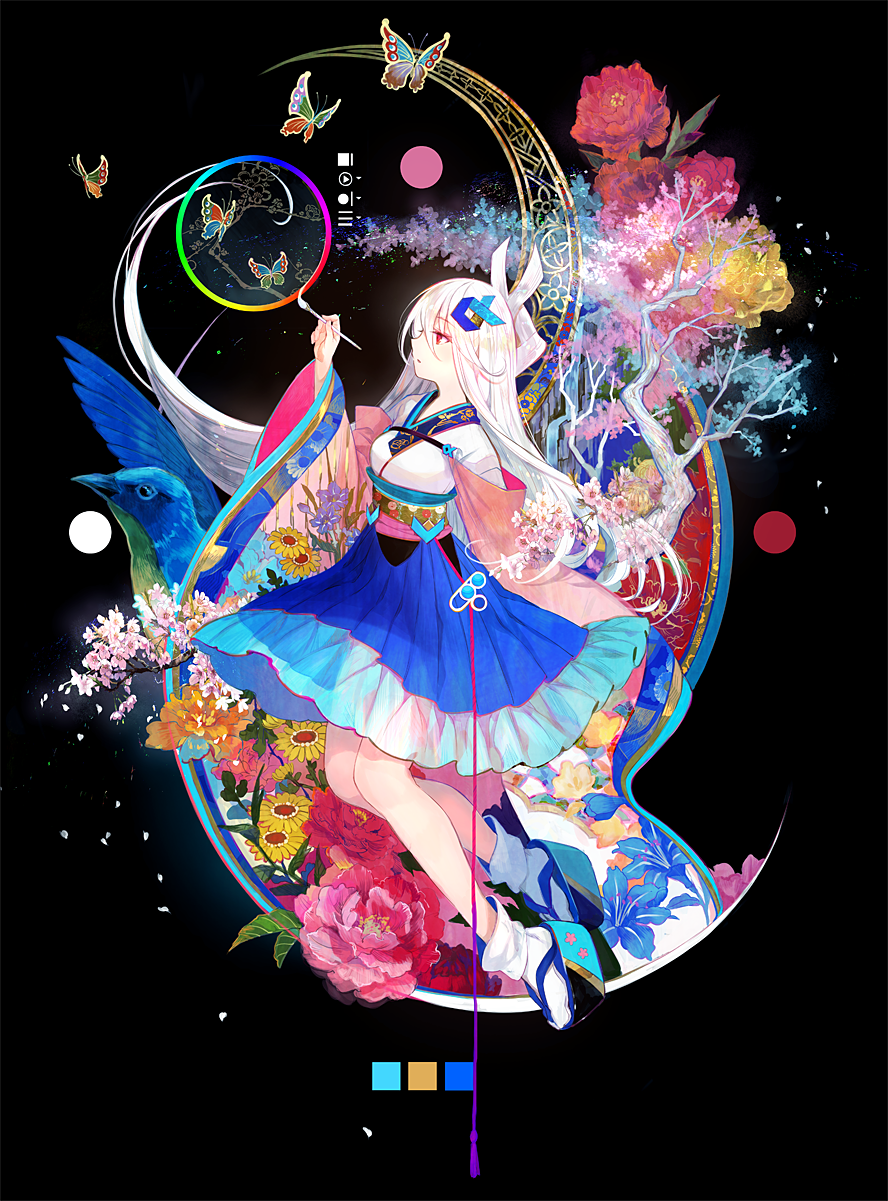 1girl art_brush bare_legs bird bug butterfly colorful eyebrows_visible_through_hair flower from_side fuji_choko full_body full_moon half-closed_eyes hand_up highres holding insect japanese_clothes long_hair long_sleeves moon original paintbrush parted_lips pink_flower red_eyes red_flower sandals skirt tree very_long_hair white_hair yellow_flower