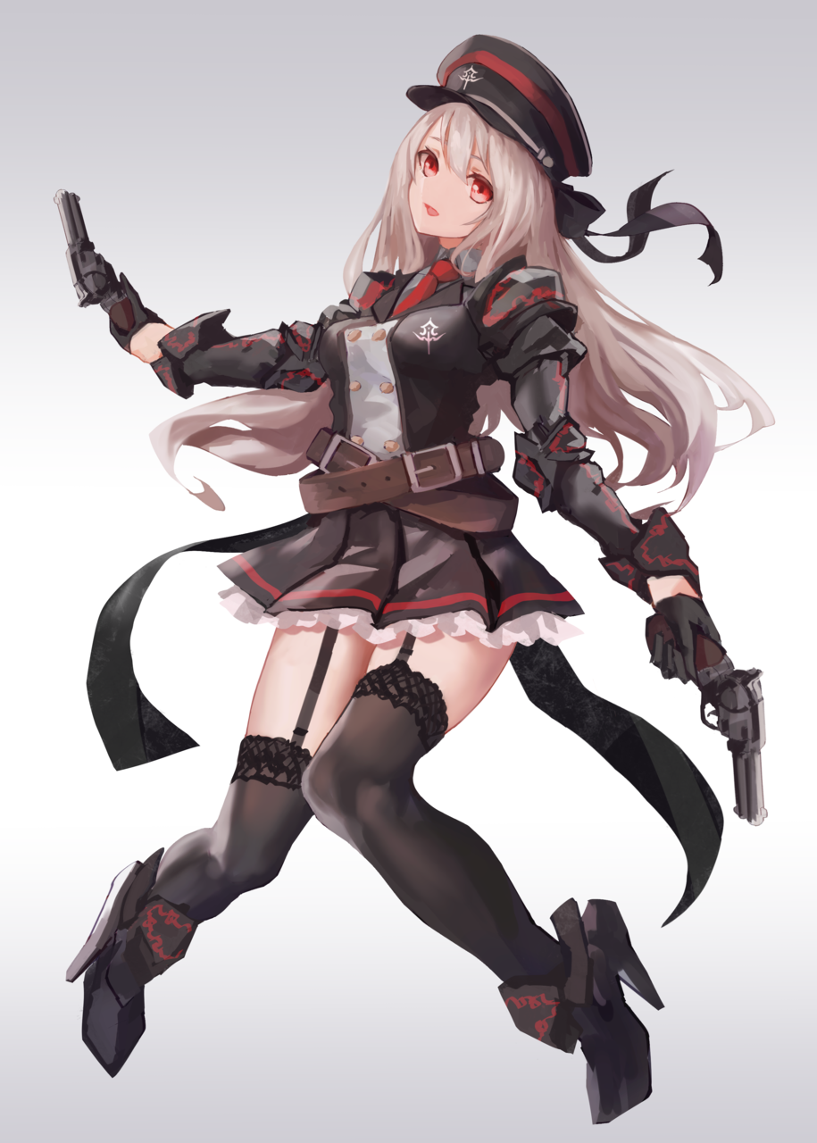 1girl blonde_hair cancell dual_wielding garter_straps gloves gun handgun hat highres long_hair military_hat original red_eyes revolver simple_background solo thigh-highs weapon