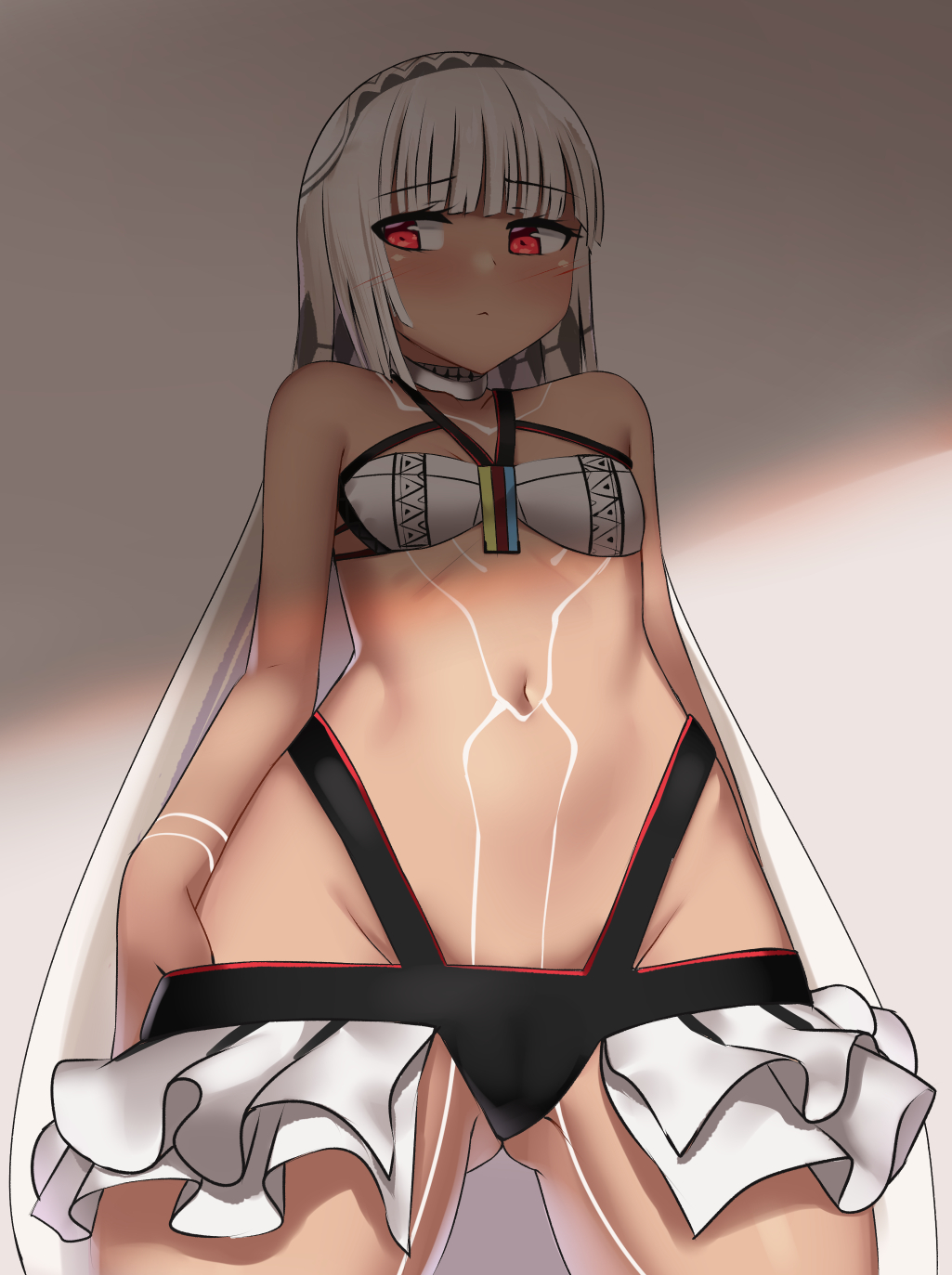 1girl altera_(fate) ass_visible_through_thighs bangs bare_shoulders blunt_bangs blush breasts dark_skin eyebrows_visible_through_hair fate/extella fate/extra fate_(series) groin highres kaafi looking_away navel red_eyes small_breasts solo stomach white_hair