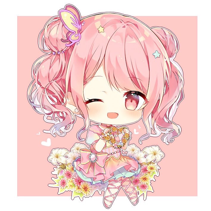 1girl ;d bang_dream! bow brooch butterfly_hair_ornament chibi choker cross-laced_footwear double_bun dress earrings flower hair_ornament heart jewelry knees_together_feet_apart looking_at_viewer maruyama_aya one_eye_closed open_mouth outline pink_background pink_bow pink_choker pink_dress pink_eyes pink_footwear pink_hair short_hair smile solo star star_hair_ornament taya_5323203 twintails white_outline