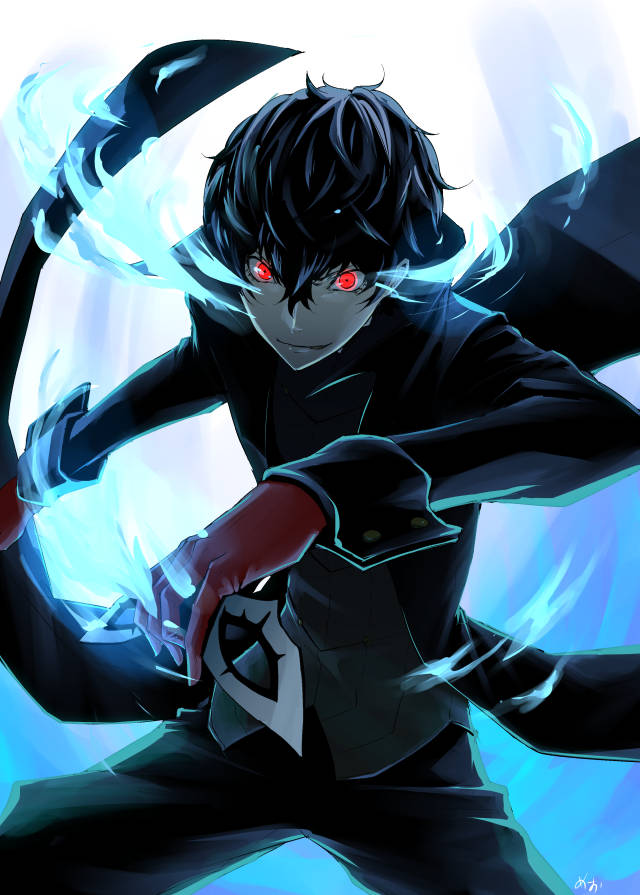 1boy amamiya_ren bangs black_clothes black_hair black_pants gelze gloves hair_between_eyes holding holding_mask male_focus mask pants persona persona_5 red_eyes red_gloves solo