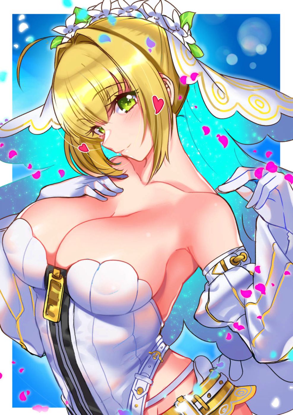 1girl ahoge bare_shoulders belt blonde_hair blue_background breasts bridal_veil cleavage closed_mouth collarbone commentary_request covered_nipples detached_sleeves eyebrows_visible_through_hair fate/extra fate/extra_ccc fate_(series) gloves green_eyes heart highres large_breasts looking_at_viewer nero_claudius_(bride)_(fate) nero_claudius_(fate)_(all) petals rumo short_hair smile solo upper_body veil white_gloves zipper