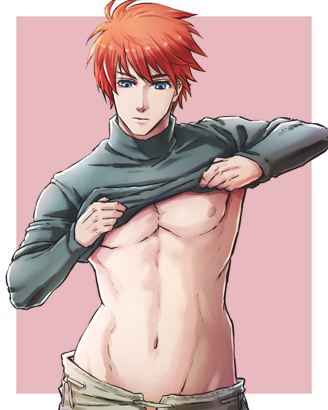 1boy abs blue_eyes eliwood_(fire_emblem) fire_emblem fire_emblem:_rekka_no_ken male_focus redhead short_hair simple_background solo sukua55 undressing