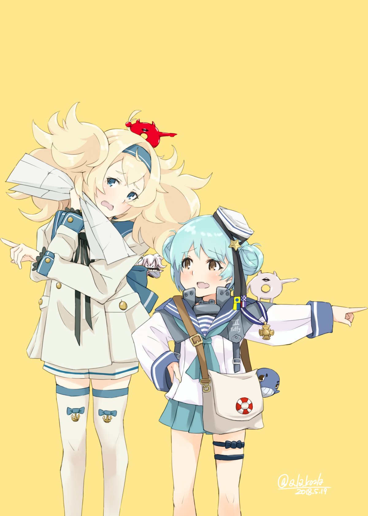 2girls alakoala_shoushou anchor bag blonde_hair blue_eyes blue_hair blush brown_eyes dated double_bun enemy_lifebuoy_(kantai_collection) escort_water_hime fang gambier_bay_(kantai_collection) hairband hand_on_hip hat highres kantai_collection lifebuoy long_hair long_sleeves medal multiple_girls open_mouth pleated_skirt samuel_b._roberts_(kantai_collection) shinkaisei-kan shoulder_bag signal_flag simple_background skirt star thigh-highs thigh_strap twintails twitter_username whale white_legwear yellow_background