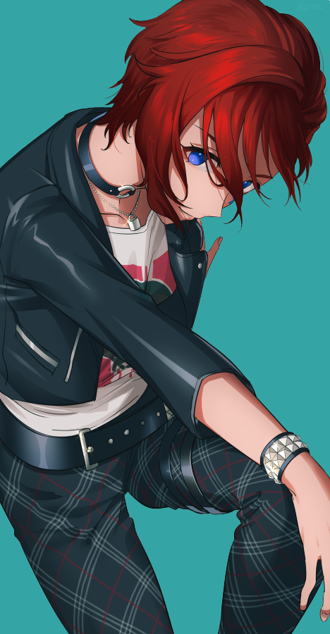 1girl bangs belt blue_eyes bracelet choker idolmaster idolmaster_million_live! jacket jewelry julia_(idolmaster) leather leather_jacket looking_at_viewer mimizubare necklace pants plaid plaid_pants redhead short_hair simple_background solo thigh_strap