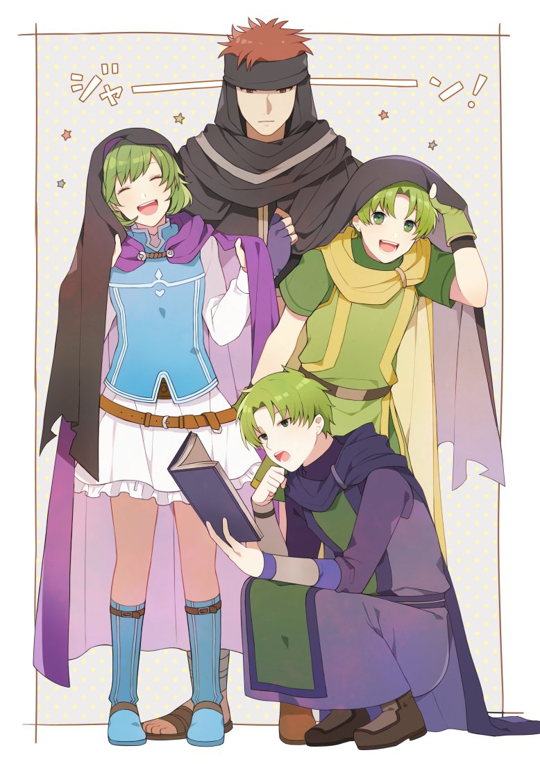 1girl aym_(ash3ash3ash) blue_eyes blush boots brothers cape closed_mouth couple family father_and_son fingerless_gloves fire_emblem fire_emblem:_fuuin_no_tsurugi fire_emblem:_rekka_no_ken fire_emblem_heroes gloves green_hair hairband headband jaffar_(fire_emblem) lleu_(fire_emblem) lugh_(fire_emblem) mother_and_son nino_(fire_emblem) open_mouth purple_hairband red_eyes redhead short_hair siblings skirt smile tattoo