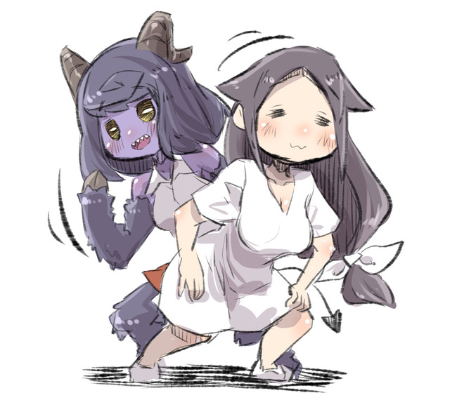 2girls :3 :d bangs blush bow brown_hair closed_eyes closed_mouth collared_shirt commentary_request curled_horns demon_girl demon_horns demon_tail dress eyebrows_visible_through_hair fur grey_shirt hair_bow hooves horns long_hair low-tied_long_hair monster_girl multiple_girls open_mouth original parted_bangs puffy_short_sleeves puffy_sleeves purple_hair sharp_teeth shirt short_sleeves sidelocks sleeveless sleeveless_shirt smile standing tail teeth u-non_(annon'an) very_long_hair white_background white_bow white_dress yellow_eyes