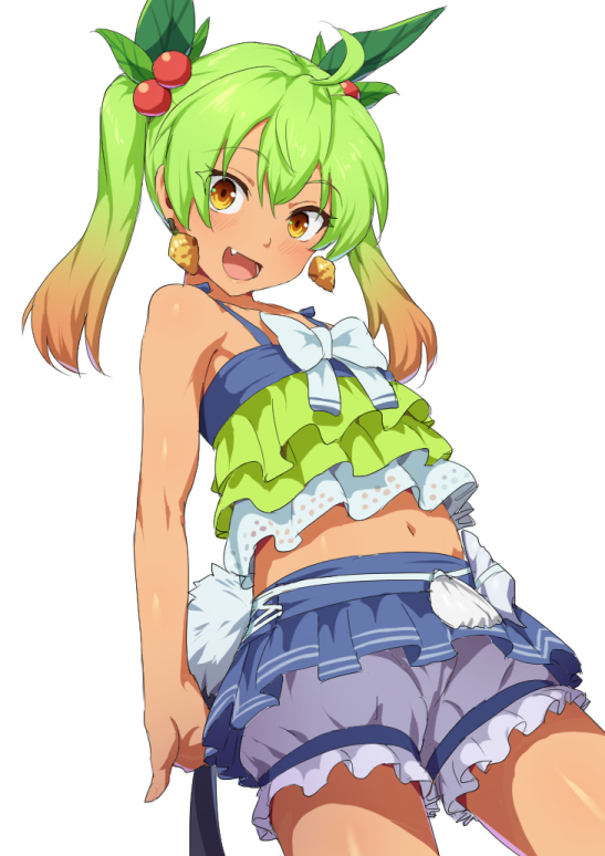 1girl ahoge bare_shoulders bloomers blush bow cowboy_shot dress earrings eyebrows_visible_through_hair fang flat_chest frilled_dress frilled_skirt frills green_hair hair_ornament jewelry leaf_hair_ornament looking_at_viewer mdf_an midriff miniskirt multicolored_hair navel open_mouth orange_eyes orange_hair ricotta_(ys) shorts simple_background skirt smile solo twintails underwear white_background ys ys_viii_lacrimosa_of_dana