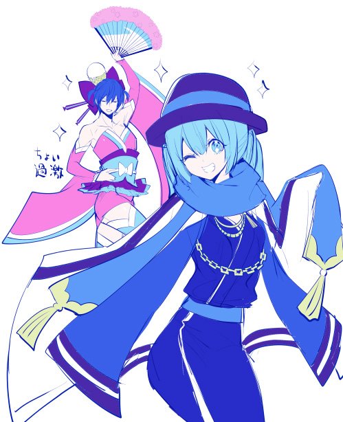 1boy 1girl ;d aqua_eyes blue_eyes blue_hair blue_scarf bow cosplay costume_switch crossdressinging fan grin hair_bow hat hatsune_miku japanese_clothes kaito kimono looking_at_viewer manbou_no_ane obi one_eye_closed ooedo_julia_night_(vocaloid) open_mouth purple_ribbon ribbon sash scarf short_kimono sleeves_past_wrists smile sparkle thigh-highs twintails vocaloid