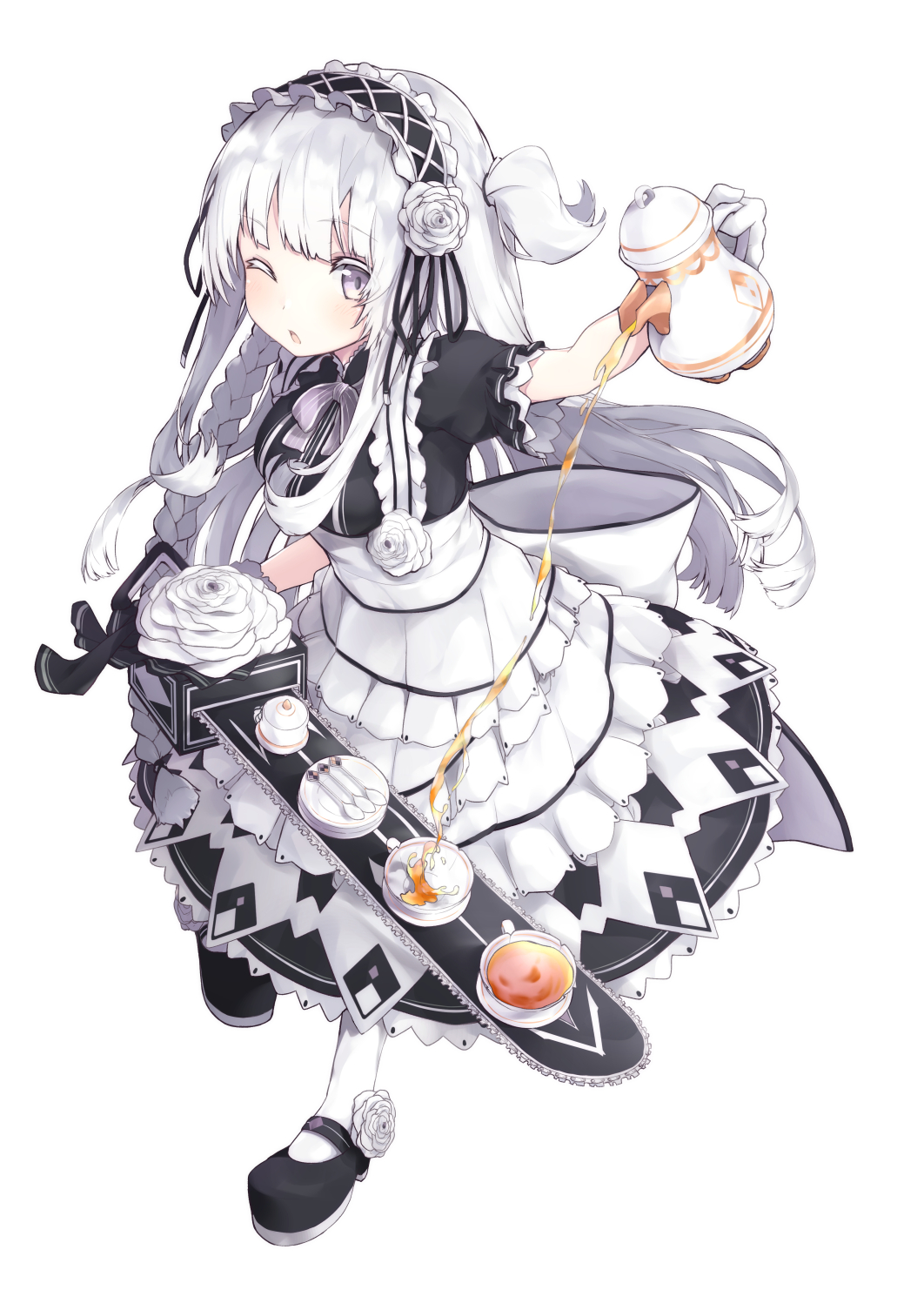 1girl arm_up bangs black_footwear bow bowtie braid chainsaw commentary_request cup dress eyebrows_visible_through_hair flower frilled_dress frilled_sleeves frills full_body gloves grey_eyes hair_flower hair_ornament hairband highres holding holding_weapon lolita_fashion lolita_hairband long_hair looking_at_viewer maid mary_janes one_eye_closed one_side_up open_mouth original paryi plate pouring rose shoe_flower shoes short_sleeves simple_background solo spoon standing tea teacup teapot very_long_hair weapon white_background white_flower white_gloves white_hair white_legwear white_rose