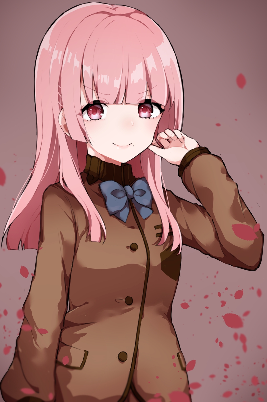 &gt;:) 1girl amari_misao bangs blazer blue_bow blunt_bangs bow brown_jacket eyebrows_visible_through_hair fate/extra fate_(series) highres hime_cut jacket long_hair long_sleeves looking_at_viewer mole mole_under_mouth petals pink_eyes pink_hair solo straight_hair takae_(poupee_en_biscuit)