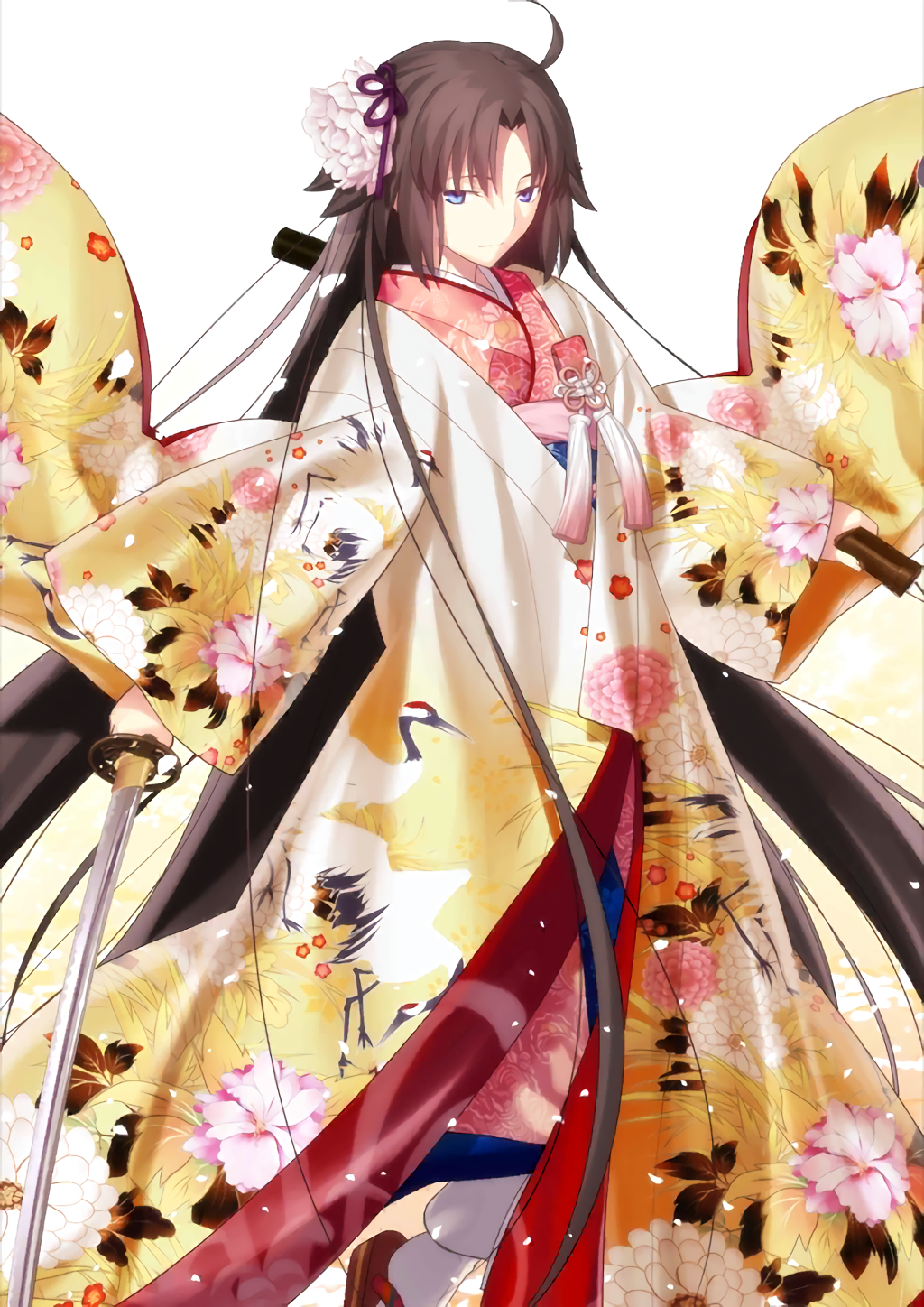 1girl black_eyes black_hair fate/grand_order fate_(series) from_behind highres holding holding_sheath holding_sword holding_weapon japanese_clothes kara_no_kyoukai katana kimono looking_at_viewer looking_back official_art parted_lips petals ryougi_shiki sheath short_hair solo standing sword takeuchi_takashi unsheathed weapon yukata