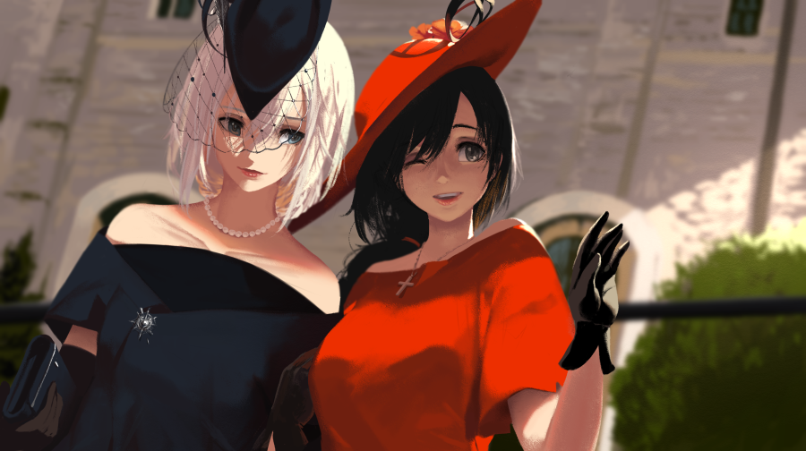 2girls arm_up black_gloves black_hair black_hat blue_dress blue_eyes collarbone commentary_request cross cross_necklace day dishwasher1910 dress gloves hat holding_wallet jewelry long_hair multiple_girls necklace one_eye_closed open_mouth outdoors pearl_necklace red_dress red_hat ruby_rose rwby short_hair short_sleeves side_ponytail sunlight upper_body veil weiss_schnee white_hair
