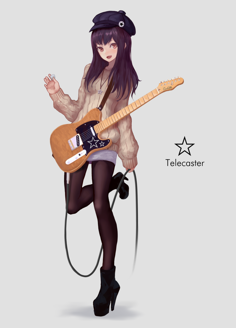1girl :d black_footwear blue_hat brown_legwear cable cancell electric_guitar grey_background guitar hand_up hat high_heels highres holding instrument jewelry long_hair long_sleeves looking_at_viewer necklace open_mouth original pantyhose plectrum purple_hair red_eyes ribbed_sweater simple_background sleeves_past_wrists smile solo standing standing_on_one_leg star star_necklace sweater yellow_sweater