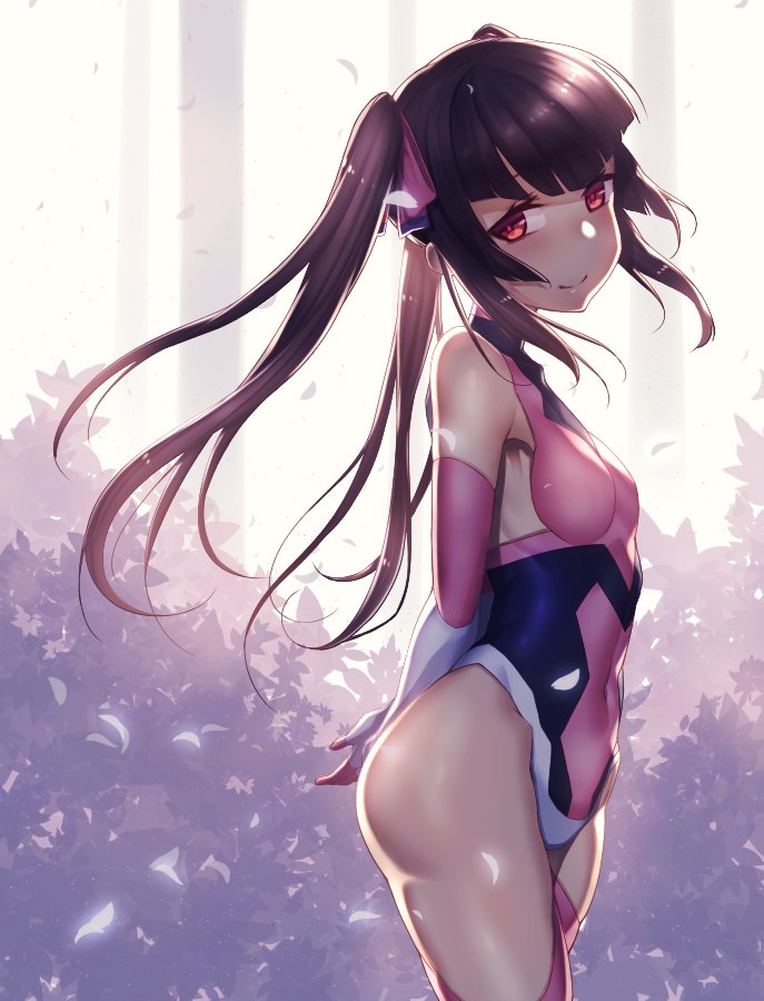 1girl arms_behind_back bangs bare_shoulders black_hair blunt_bangs blush bodysuit breasts bush closed_mouth commentary_request covered_navel cowboy_shot elbow_gloves gloves hair_ribbon legs_together leotard long_hair looking_at_viewer no_nose outdoors petals pink_eyes pink_gloves pink_legwear pink_leotard ribbon senki_zesshou_symphogear shiny shiny_hair shiny_skin skin_tight small_breasts smile solo standing thighs tree tsukamoto_kensuke tsukuyomi_shirabe twintails