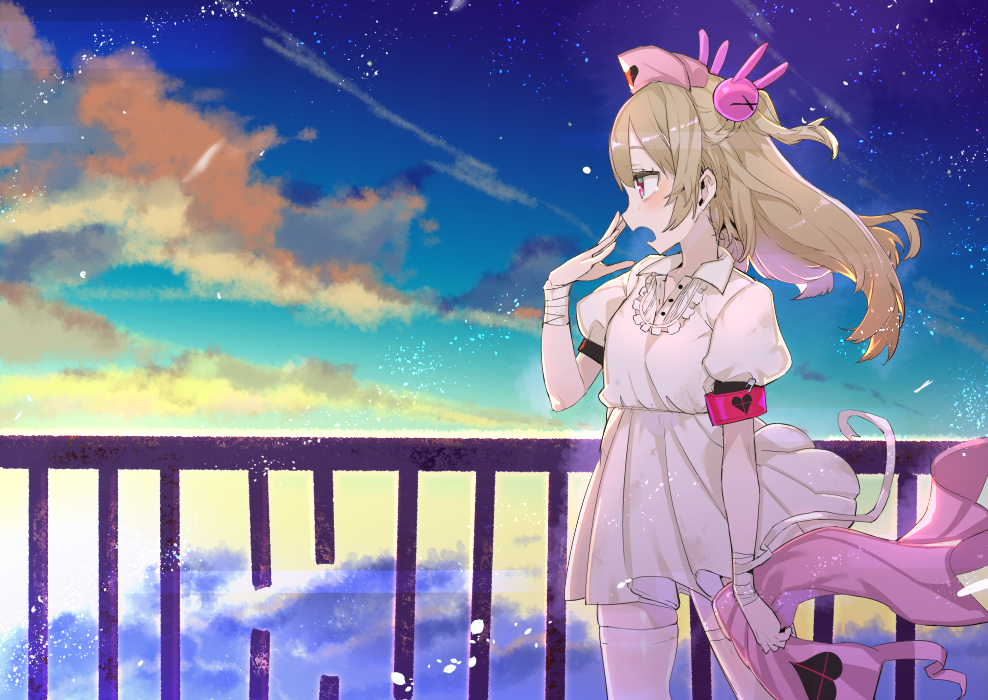 1girl armband bandage bandaged_arm bangs blush bunny_hair_ornament clouds commentary_request damaged dress hair_between_eyes hair_ornament hat heart light_brown_hair long_hair natori_sana night night_sky nurse_cap open_mouth pink_hat profile puffy_short_sleeves puffy_sleeves railing red_eyes sana_channel short_sleeves sky solo star_(sky) starry_sky tajima_ryuushi thigh-highs two_side_up virtual_youtuber white_dress white_legwear