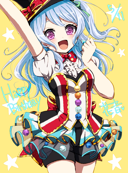 1girl :d akasata arm_up back_bow bang_dream! bangs black_shorts blush bow bowtie center_frills clenched_hand cowboy_shot dated green_ribbon hair_ribbon hand_up happy_birthday hat hat_bow light_blue_hair long_hair matsubara_kanon one_side_up open_mouth polka_dot_neckwear pom_pom_(clothes) red_neckwear ribbon sash short_sleeves shorts showgirl_skirt smile solo star violet_eyes yellow_background