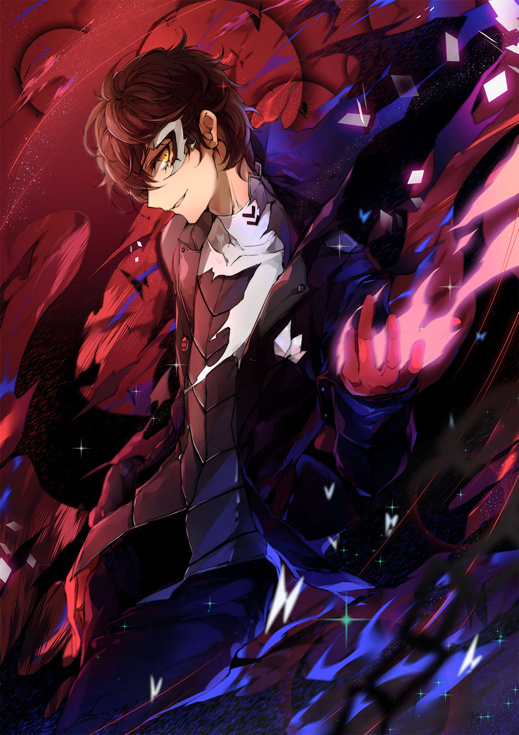 1boy amamiya_ren black_hair black_pants gloves head_tilt highres jyu_(foliumfici) looking_at_viewer male_focus pants parted_lips persona persona_5 red_gloves smile solo sparkle yellow_eyes