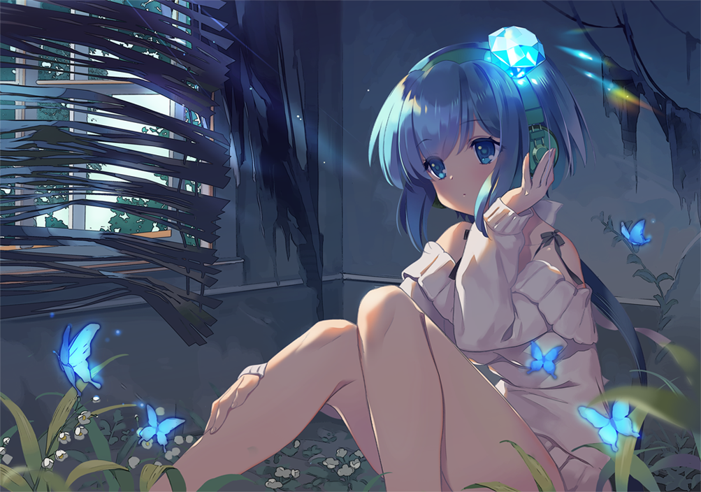 1girl aoki_lapis bangs bare_shoulders blinds blue_eyes blush bug butterfly closed_mouth commentary_request day eyebrows_visible_through_hair fingernails gem hand_on_headphones hand_up indoors insect long_hair long_sleeves off-shoulder_sweater oswald_musashi ruins sidelocks sitting sleeves_past_wrists solo sweater vocaloid white_sweater window