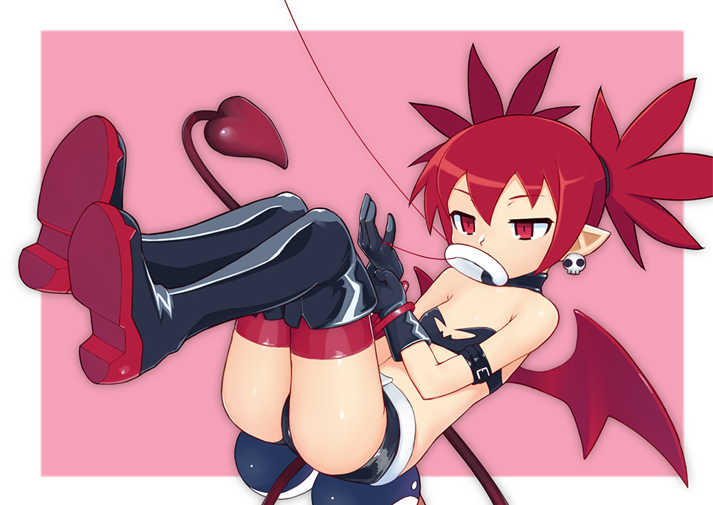 1girl arm_belt ass bandeau black_footwear black_gloves black_shorts bracelet collar demon_girl demon_tail demon_wings disgaea earrings etna flat_chest floating gloves jewelry makai_senki_disgaea mini_wings pointy_ears red_legwear red_string red_wings redhead short_hair short_shorts shorts skull skull_earrings squid_neetommy string tail thighhighs_under_boots twintails wings