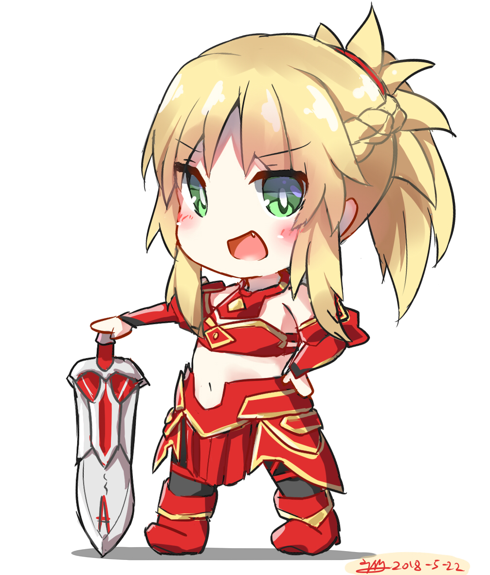 1girl :d armor bangs bare_shoulders black_legwear blonde_hair blush boots braid breastplate chibi dated dreamusun eyebrows_visible_through_hair fang fate/apocrypha fate/grand_order fate_(series) green_eyes hand_on_hilt hand_on_hip long_hair mordred_(fate) mordred_(fate)_(all) navel open_mouth ponytail red_armor red_footwear sidelocks signature smile solo standing sword thigh-highs weapon white_background