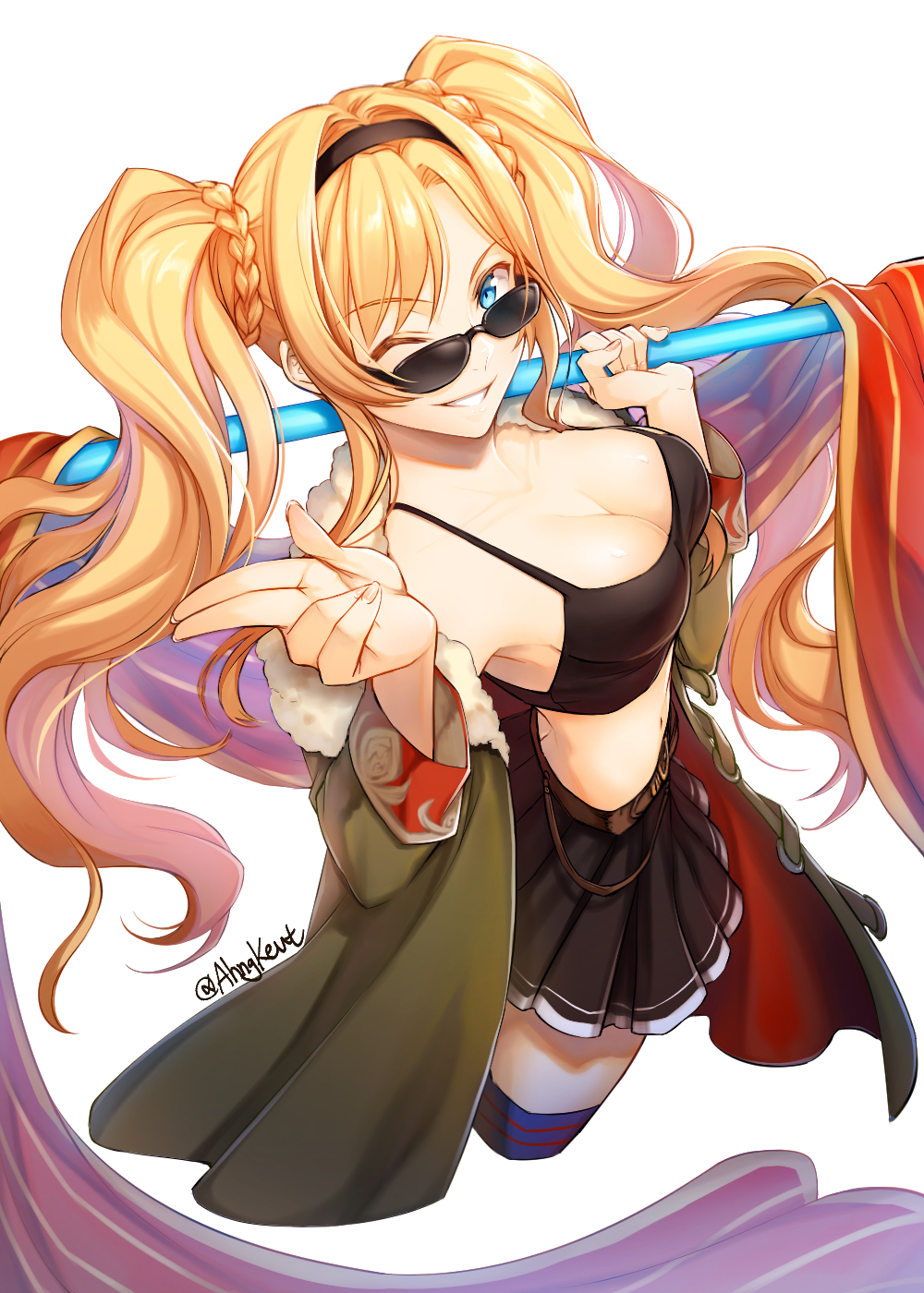 1girl ahngkeut bangs bare_shoulders blonde_hair blue_eyes breasts cleavage coat eyebrows_visible_through_hair granblue_fantasy hair_between_eyes hair_intakes hairband highres looking_at_viewer midriff o-ring o-ring_top one_eye_closed pleated_skirt polearm skirt smile solo spear sunglasses thigh-highs twintails weapon zeta_(granblue_fantasy)