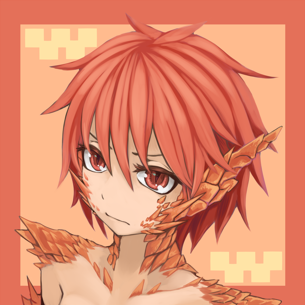 1girl animal_ears bangs border closed_mouth commentary_request dragon_girl eyes hair_between_eyes hitokuirou looking_at_viewer monster_girl nude original red_border red_eyes redhead scales short_hair slit_pupils solo solo_vivace_(hitokuirou) upper_body