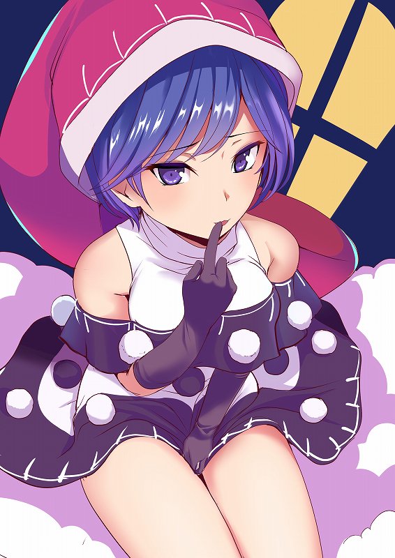 1girl amisu black_gloves blue_eyes blue_hair blush breasts clouds doremy_sweet gloves hand_to_own_mouth hat large_breasts nightcap pom_pom_(clothes) short_hair smile smug solo touhou
