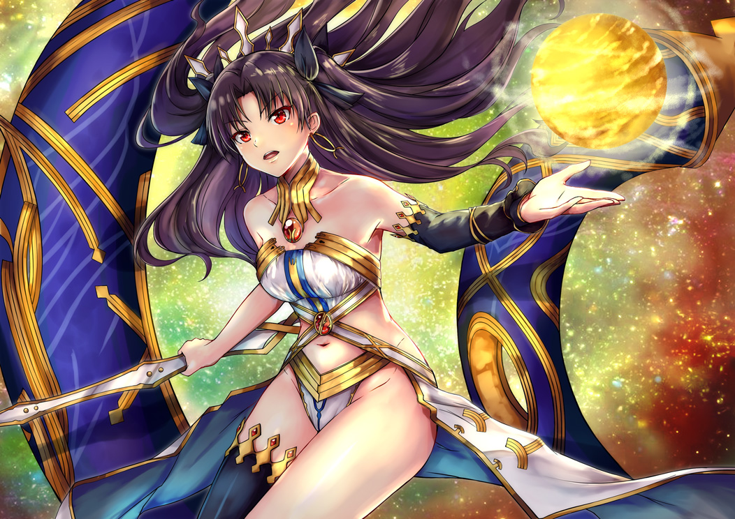 1girl asymmetrical_legwear asymmetrical_sleeves black_hair crown detached_collar earrings elbow_gloves fate/grand_order fate_(series) gloves heavenly_boat_maanna hoop_earrings ishtar_(fate/grand_order) jewelry kelinch1 long_hair neck_ring orb red_eyes single_elbow_glove single_thighhigh solo thigh-highs tohsaka_rin two_side_up weapon