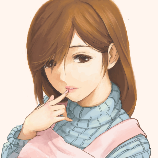 1girl apron artist_request bangs brown_eyes brown_hair eyelashes finger_to_mouth hair_over_one_eye lips lowres parted_bangs parted_lips portrait ribbed_sweater shinken-zemi sweater turtleneck turtleneck_sweater zemi_mama
