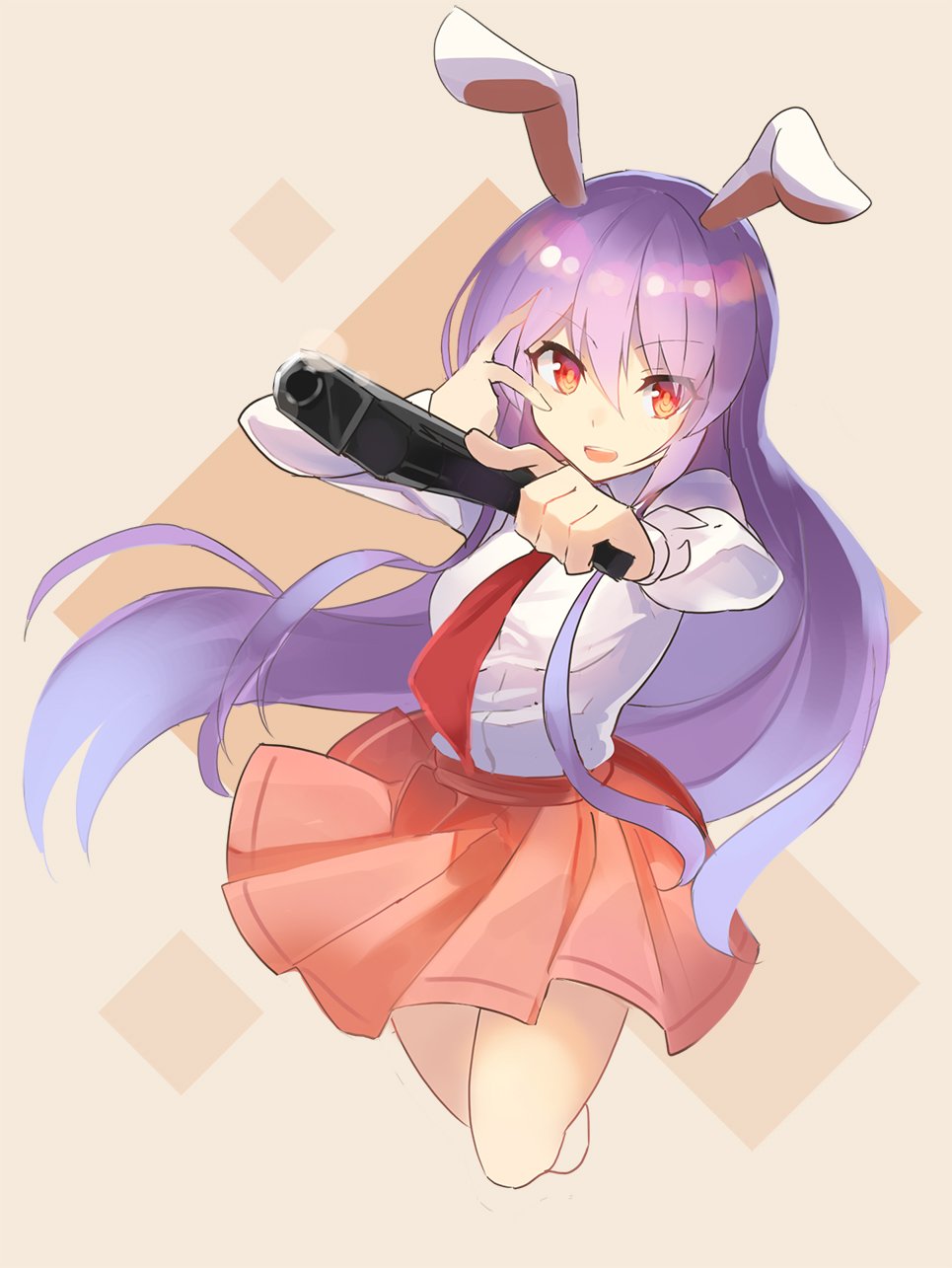 1girl animal_ears beige_background breasts commentary_request cropped_legs diamond_(shape) eyebrows_visible_through_hair gun hair_between_eyes handgun highres holding holding_gun holding_weapon long_hair looking_at_viewer medium_breasts miniskirt necktie open_mouth pink_skirt pistol pleated_skirt purple_hair rabbit_ears red_eyes red_neckwear reisen_udongein_inaba rin_falcon shirt sidelocks simple_background skirt smile solo touhou very_long_hair weapon white_shirt wing_collar